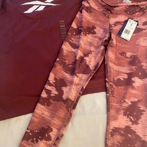 Reebok Maroon and Pink Brushstroke Print Leggings with match Reebok Shirt Size M